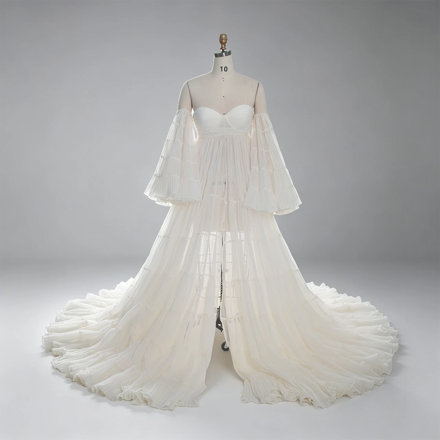Cream Organza Pleated Maternity Gown for Baby Shower Pregnancy Dress Photo Shoot YW260305