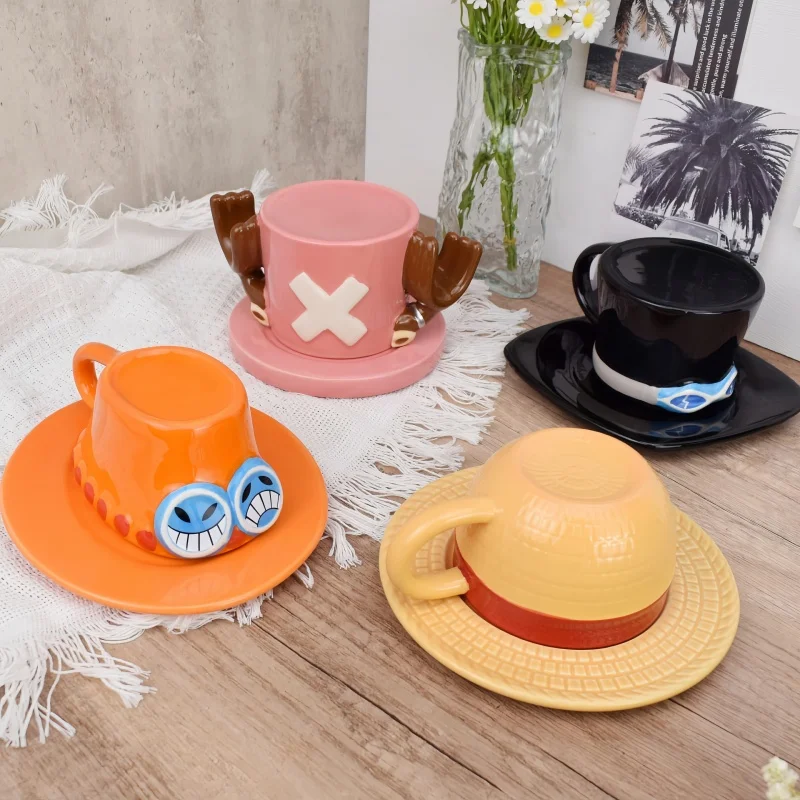 

Аниме кружки Ace's Hat в форме кофейной чашки с блюдцами 3D керамическая кружка для чая эспрессо какао посуда для напитков аксессуары домашний декор подарок