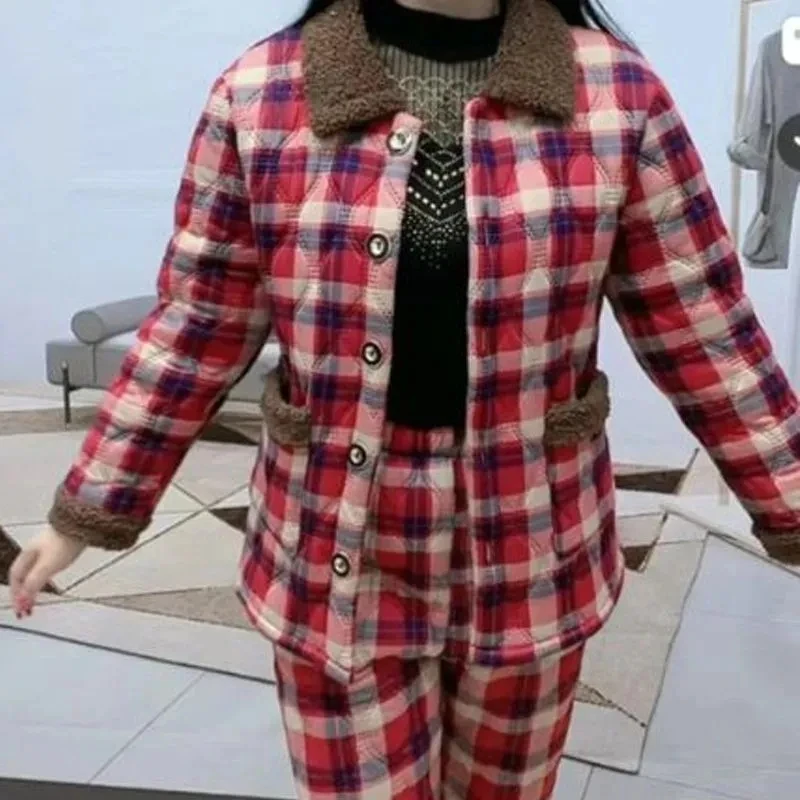 Single Piece/Suit Plaid Winter New Plush Cotton Jacket Warm Cotton Pants Suit Mother\'s Loose And Slim Cotton Suit Two-Piece Set