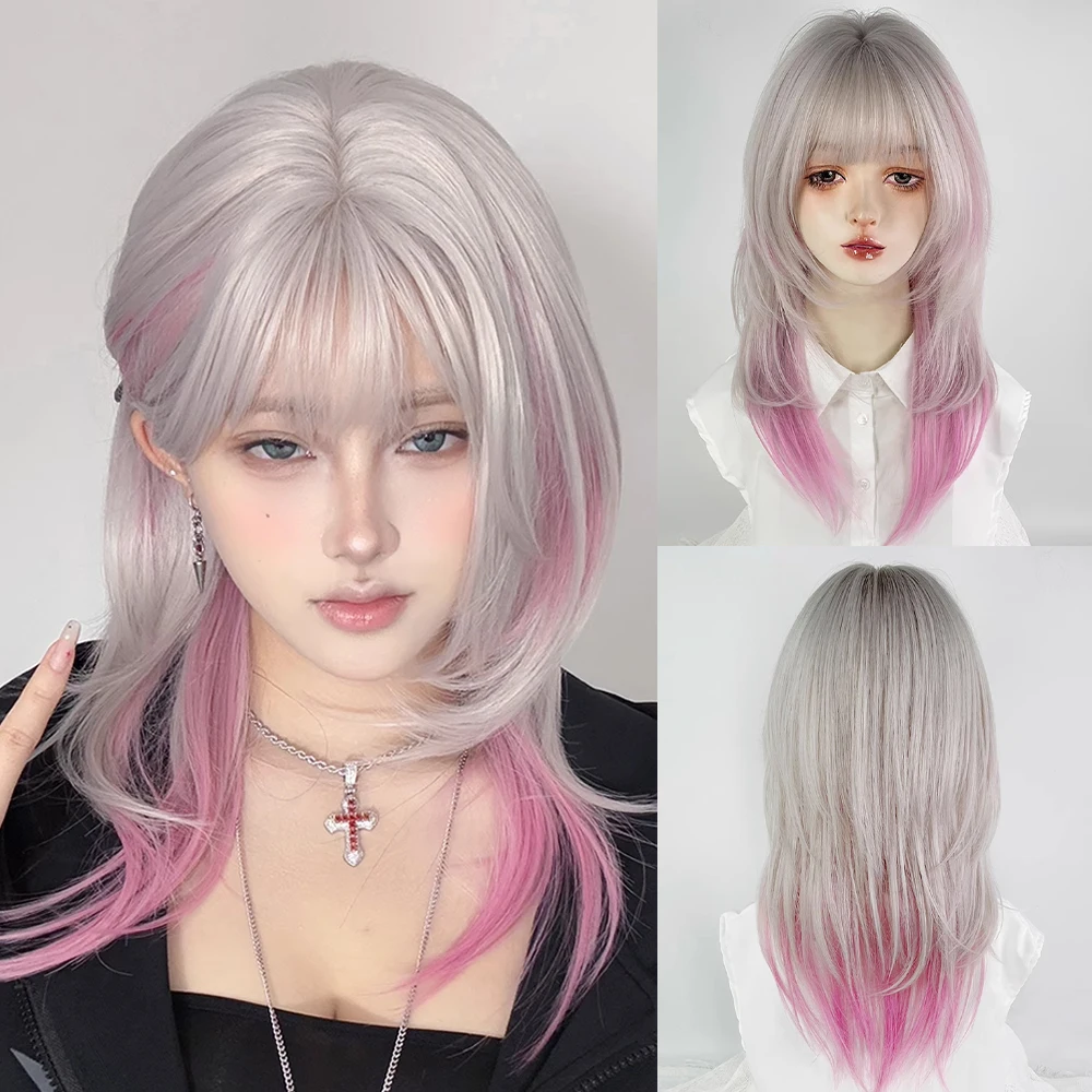 

Silvery White Ombre Pink Mullet Head Wigs Synthetic Short Straight Women Fluffy Lolita Cosplay Wig for Daily Party