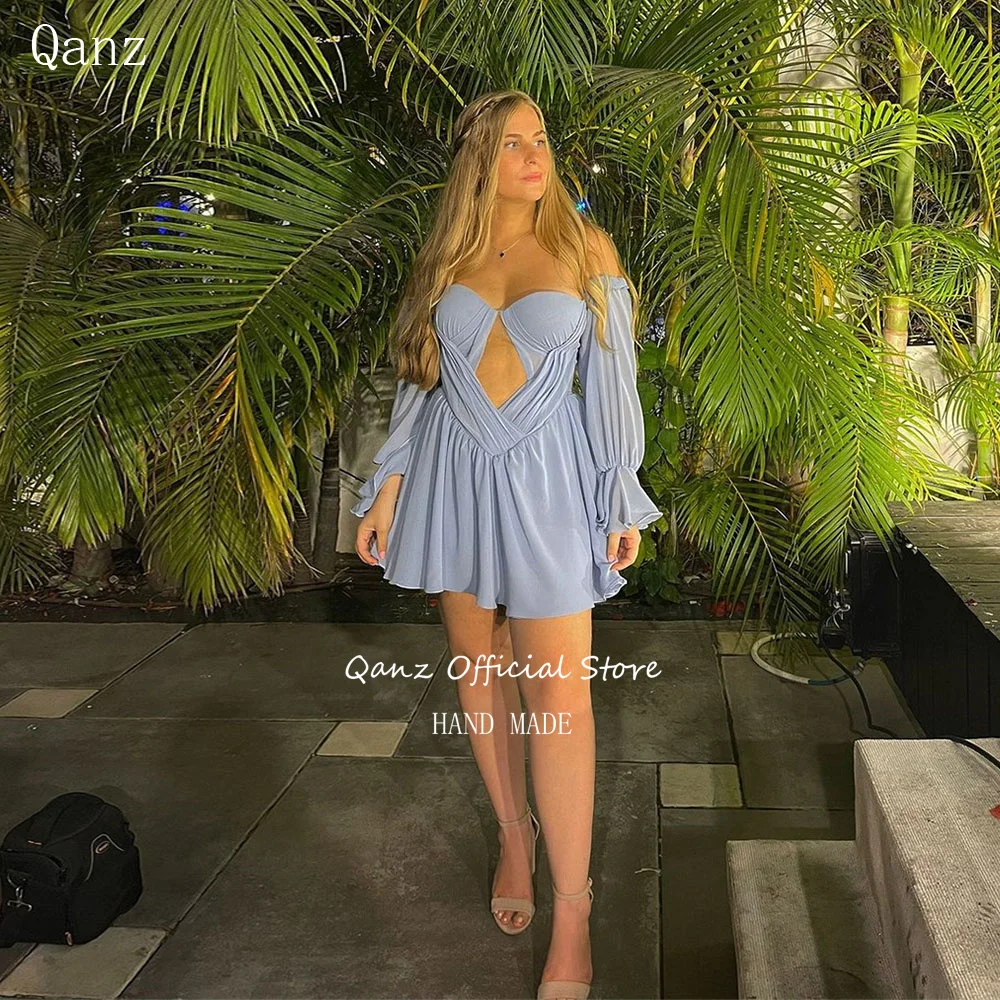 Qanz Sexy Prom Dresses Chiffon Dirty Blue Long Sleeves Vestidos Para Eventos Especiales Mini A Line Party Dresses Customized