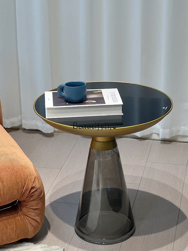 

12Light luxury glass coffee table round metal modern designer transparent corner table high and low combination
