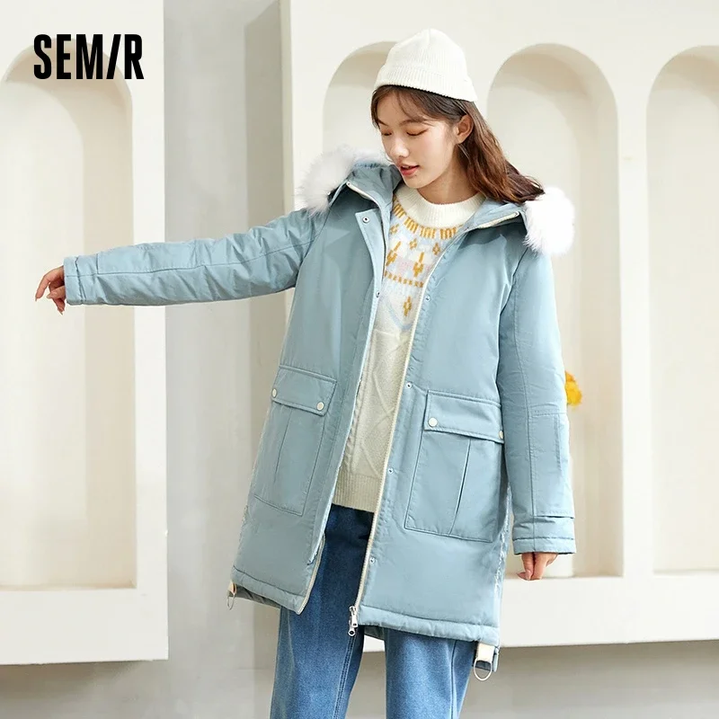 

Semir Cotton Coat Women Mid-length Hooded Detachable Fur Collar 2023 Winter Loose waist Contrasted Color Thick Coat