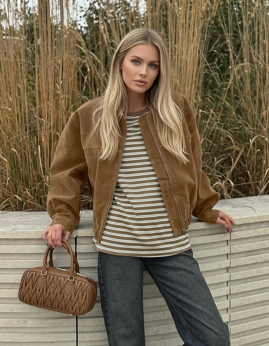 

2026 Tan Suede Zip-Up Jacket Lapel Puffy Long Sleeves Elasticated Waist Side Pockets Oversized Loose Women Casual Outerwear