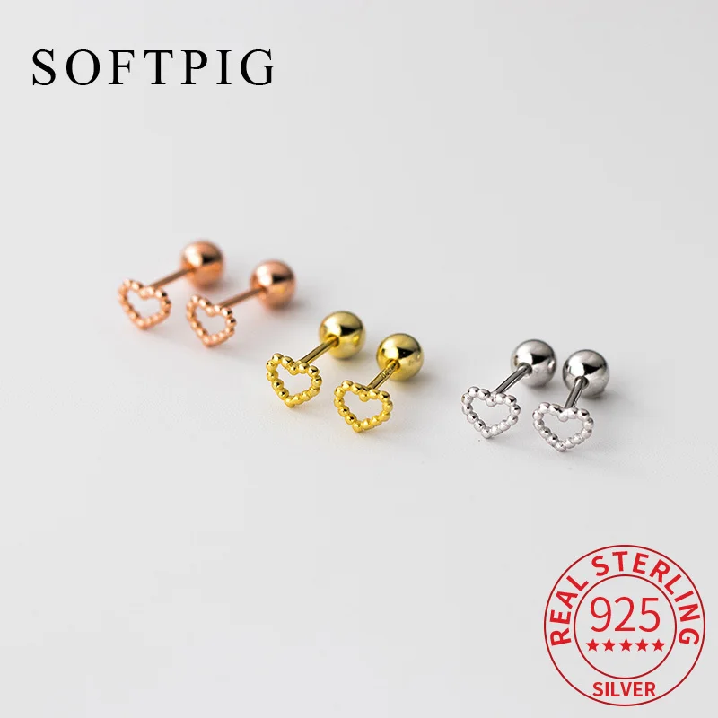 

SOFTPIG Real 925 Sterling Silver Hollow Star Heart Bead Screw Mini Stud Earrings for Women Classic Fine Jewelry Accessories