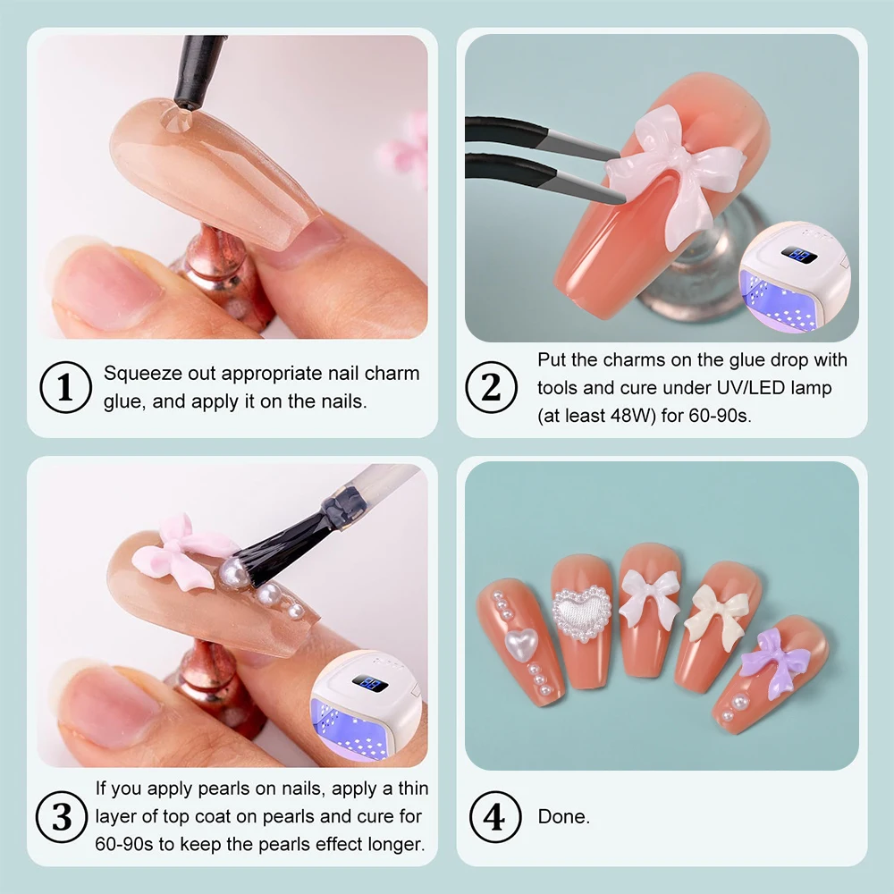 1박스 핑크 화이트 시리즈 리본 하트 네일 참 3D 아크릴 네일 아트 장식 진주 5잎 꽃 보석 매니큐어 액세서리