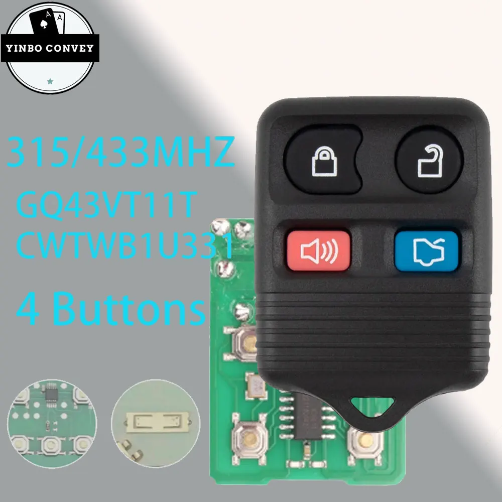 

YINBO Car Key Keyless Entry Fob 315/433MHz 4 Buttons For Ford Focus Complete Escape Remote Control Circuid Board FCC: GQ43VT11T