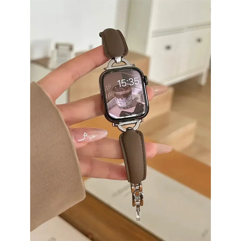 

INS Hot Maillard Style Металлический ремешок из натуральной кожи для iWatch Series 9 8 7 6 5 4 3 SE Женский ремешок для Apple Watch 41 мм 40 мм 45 44 49