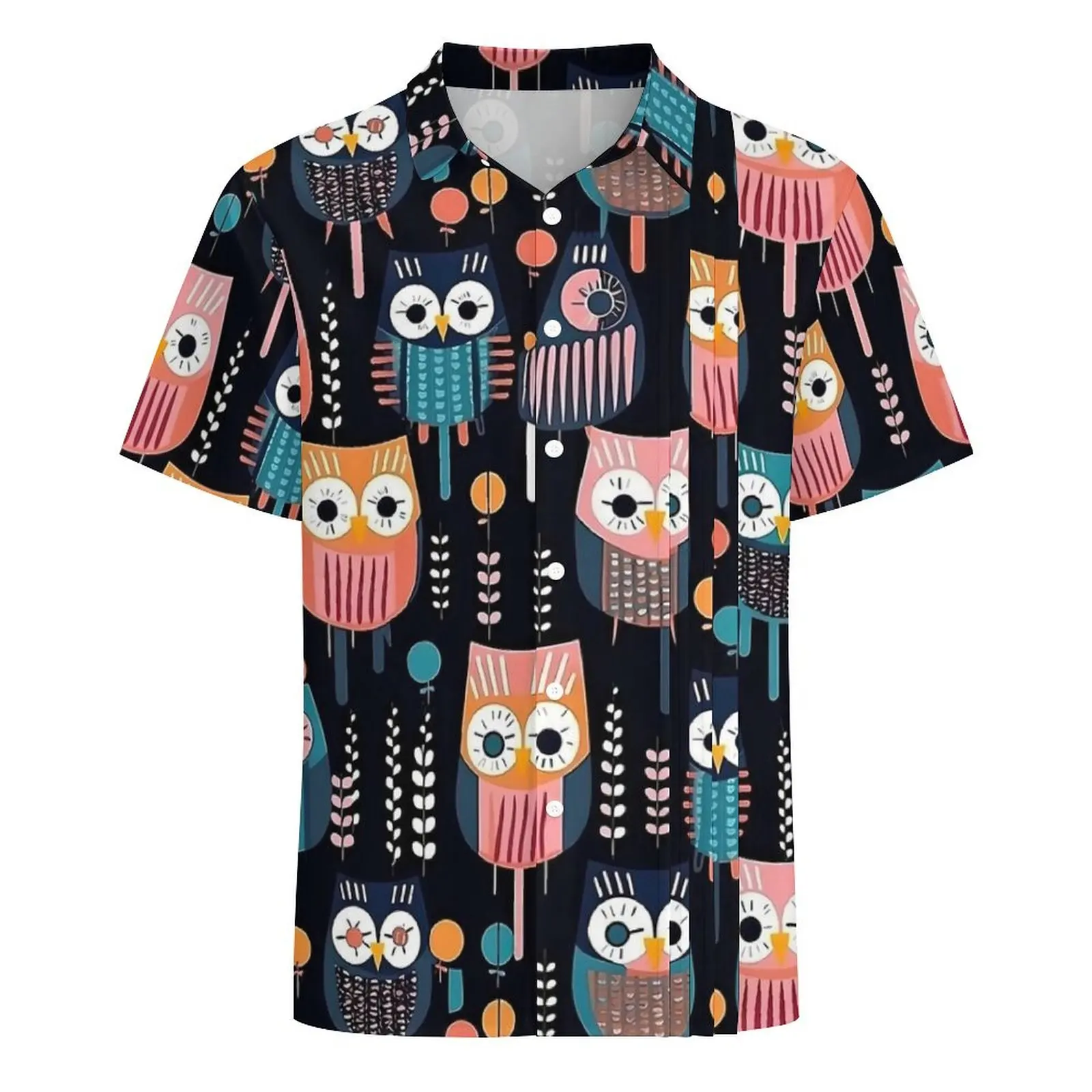 Geométrico negrito coruja férias camisa colorida animal havaí camisas casuais homens novidade blusas de manga curta confortável gráfico topos