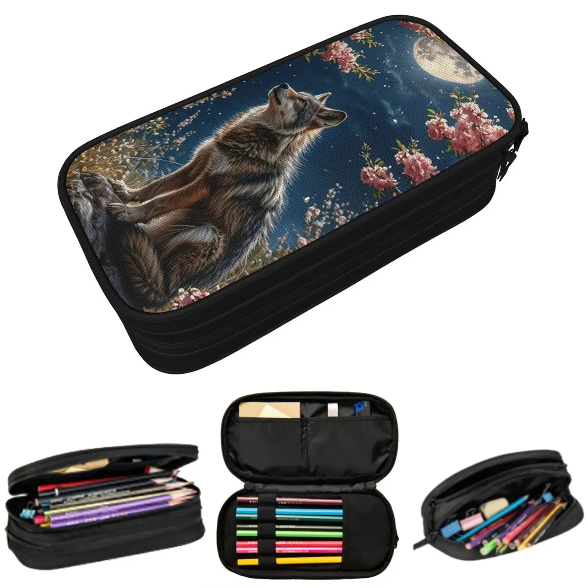 

Wolf Roses And Moonlight Design Pencil Case for Studen Gifts Pen Box Pencil Bag Stationery Supplies Pen Holder Bag