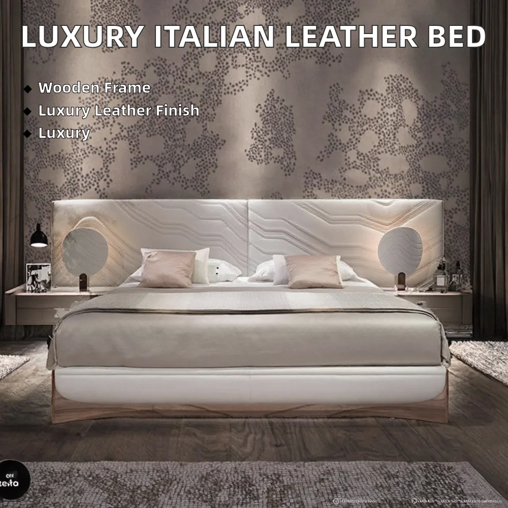 Custom HAOYU Luxury King Size Modern Italian Leather Bed With Soft Padding Durable Wood Frame Model 8809
