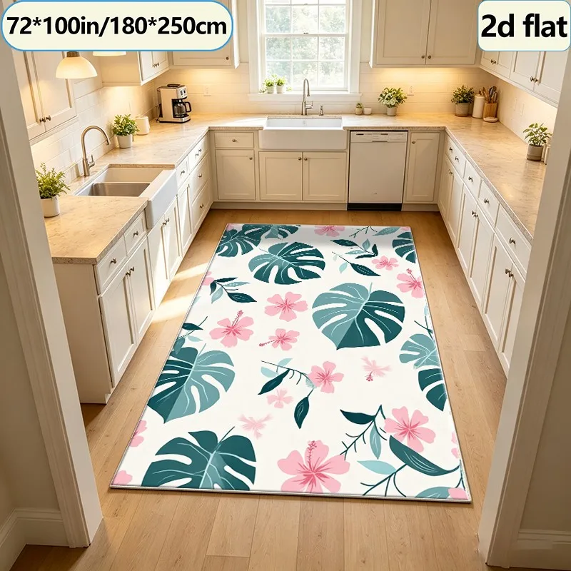 Pink Hibiscus Flower Monstera Leaf Tropical Carpet Flooring Square Area Rug Non-Slip Washable Floor Carpet for Entryway Bedroom Home Decor view 5