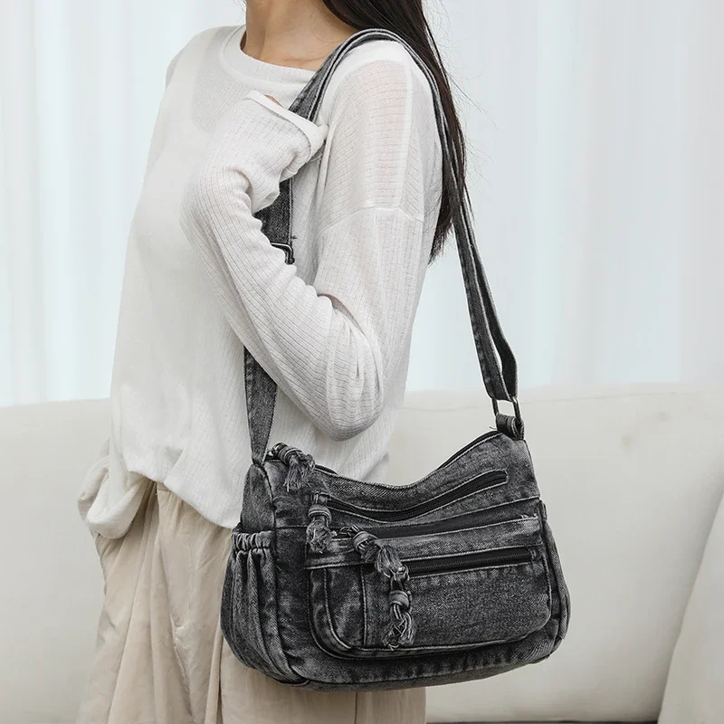 DENIM ซิปไหล่กระเป๋าแฟชั่นใหม่ร้อนขายเรียบง่ายขนาดใหญ่ความจุกระเป๋า Crossbody นุ่มอเนกประสงค์กระเป๋าถือผู้หญิง