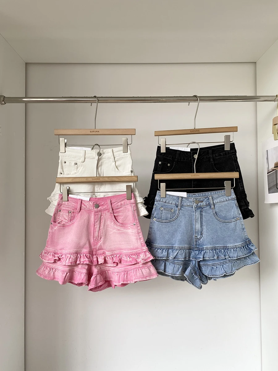 

Summer New Style Women's Denim Shorts Asymmetrical Wood Grain Hot Pants Casual High Waist Wide Leg Zipper Fly Pink