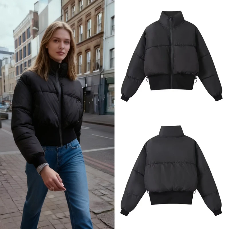 2025 Winter New Hot Selling Stand up Collar Street Style Short  Waist Cinched Thick Cotton Jacket for Women