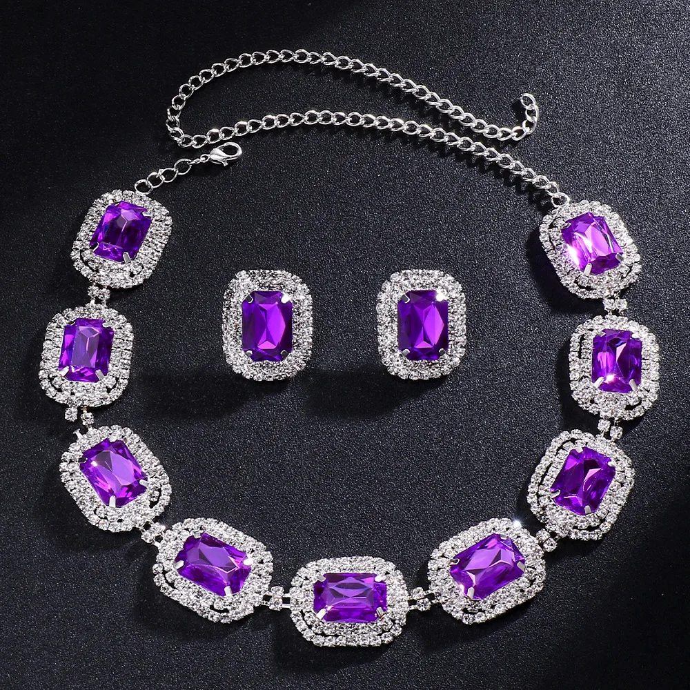 Purple Rhinestone Big Square Stone Choker Necklaces Earrings Sets For Women Vintage Gold Silver Color Bridal Wedding Jewelry Set