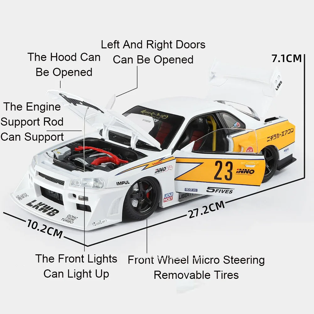 كبير 1:18 GTR SKYLINE سبيكة سيارة دييكاست لعبة مجسمة الأبواب فتح ضوء الصوت التراجع مصغرة Vehcie الكبار الصبي هدايا عيد الميلاد