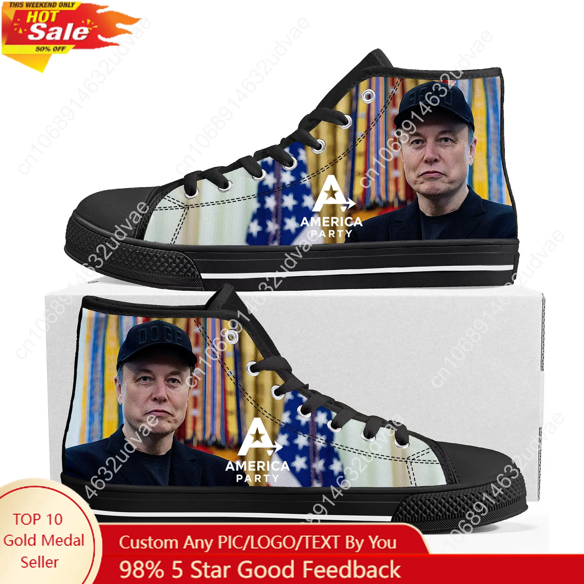 

Elon Musk High Top Shoes Men Women Canvas Sneaker American Party High Quality Sneakers Durable Couple Footwear Custom Shoe Black