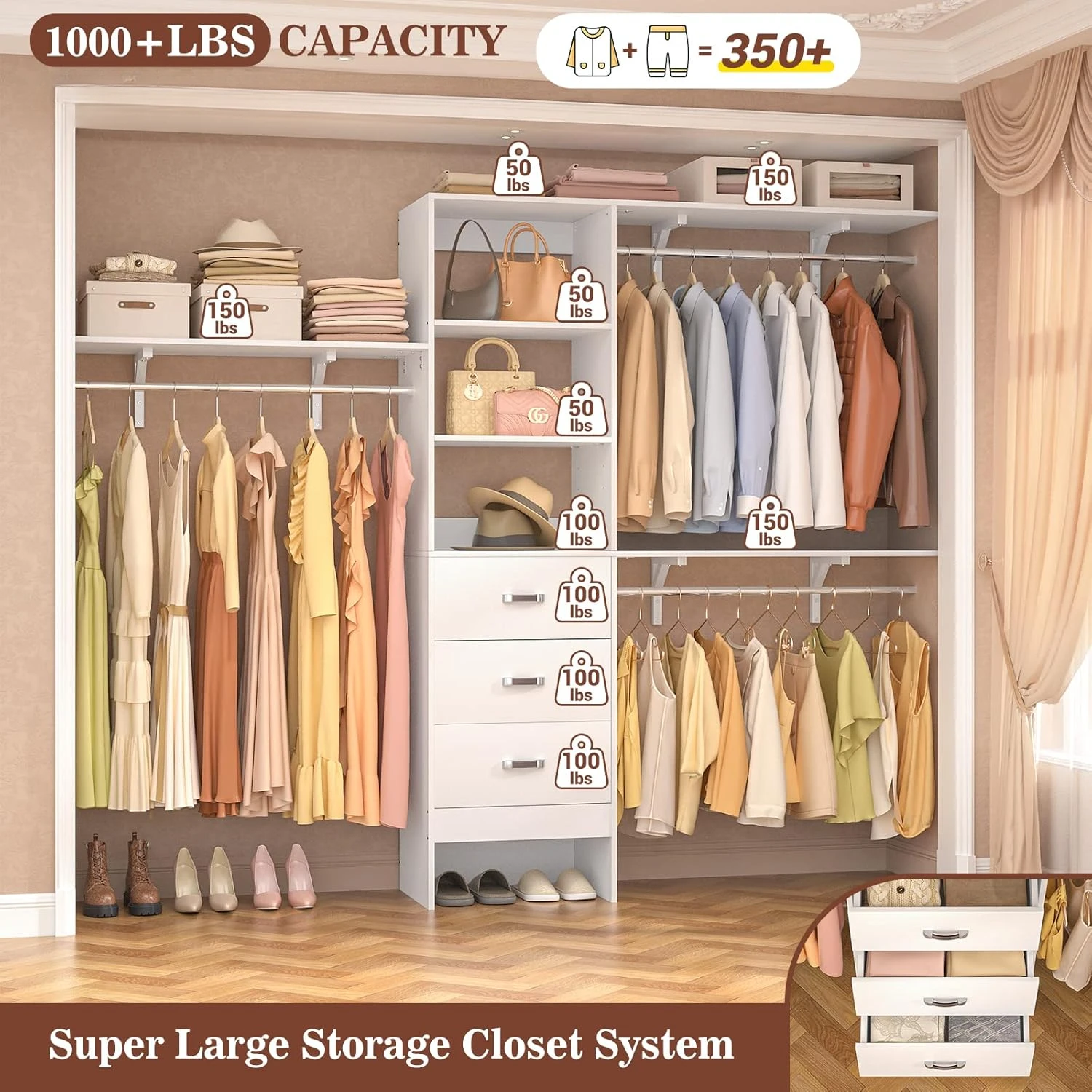 8FT Walk In Closet Organizer with 3 Shelving Towers, Heavy Duty Clothes Rack with 3 Drawers,