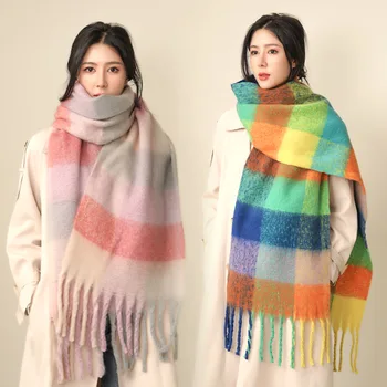 여성용 럭셔리 체크 스카프, 따뜻한 캐시미어 같은 느낌, 레인보우 체크, 다목적 태슬 숄 스카프, 35*220cm, 겨울 패션