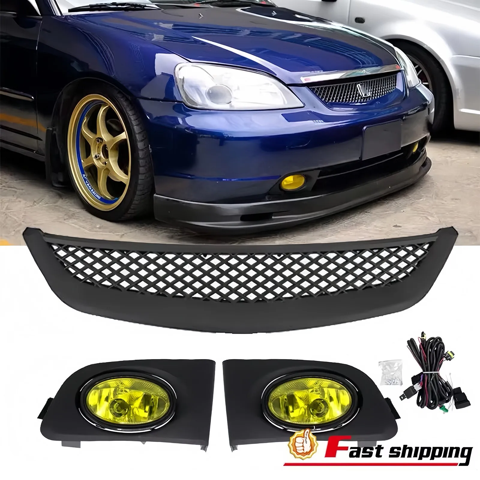 

Fit 2001-2003 Honda Civic Bumper Yellow Lens Fog Light Lamp&JDM Grille grill Set