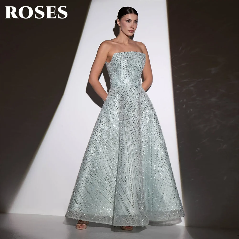 

ROSES Light Blue Prom Dress Strapless Sleeveless Celebrity Dress Glitter Sequin Women's Evening Dresses Formal Gown Customized
