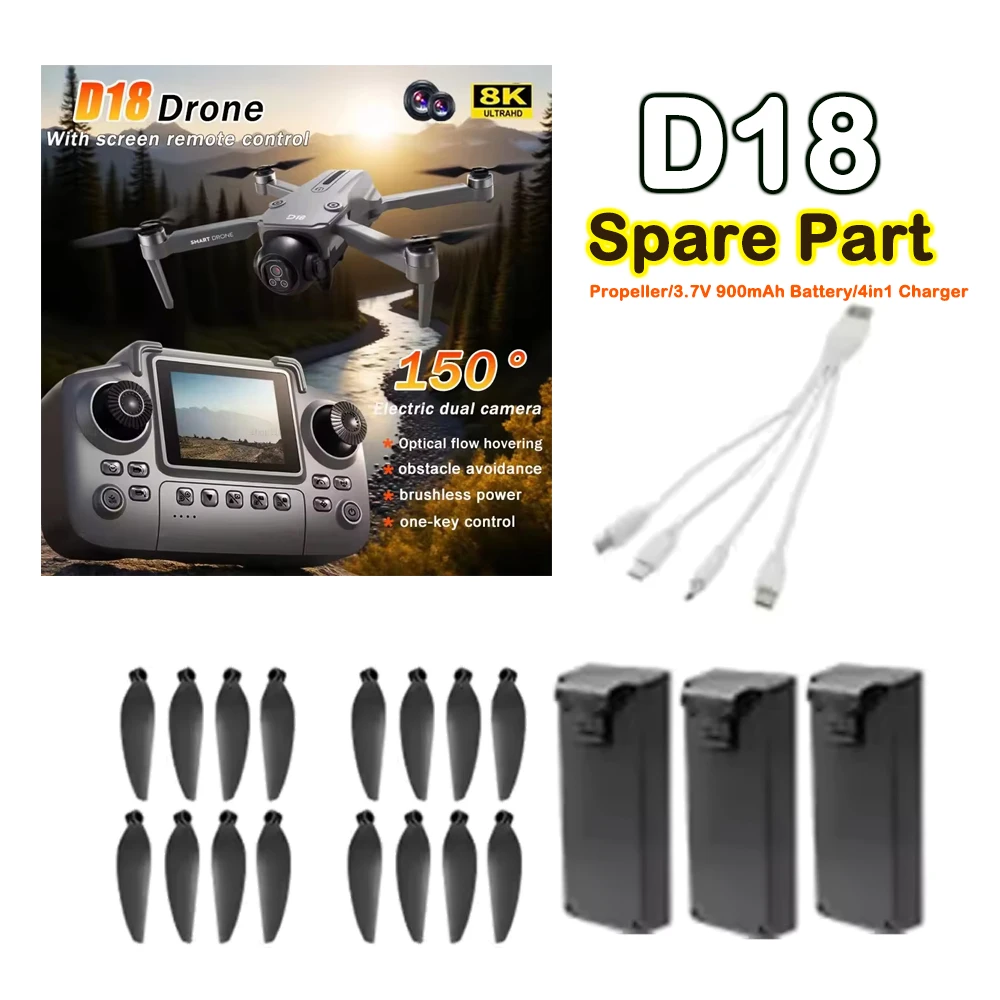 

D18 Remote Control Large Screen Drone Spare Part D18 Battery 3.7V 900Mah Battery / Propeller Wing Blade / 4in1 Charger Accessory