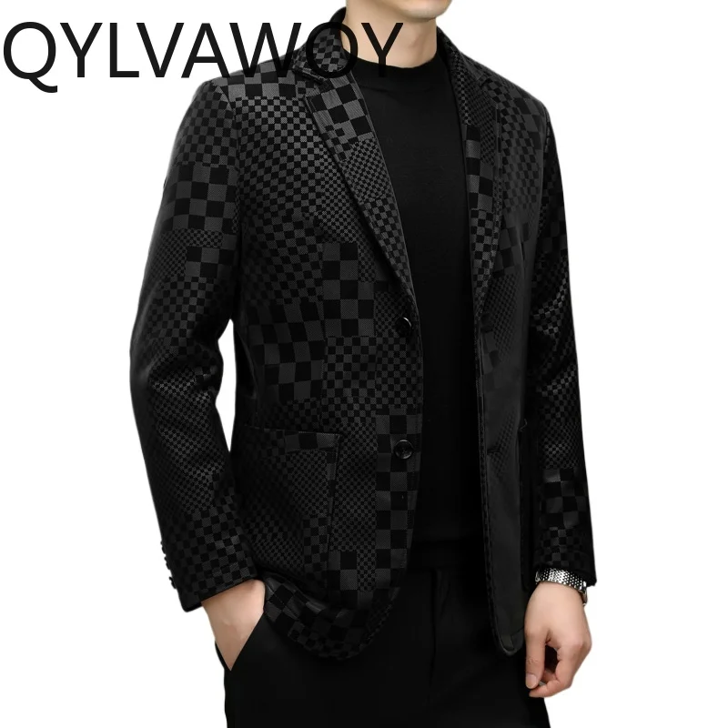QYLVAWOY Real Leather Jackets Sheepskin Blazer Masculino Leather Coats Fleece-lined Checkerboard Blazer for Man Suit Chaqueta