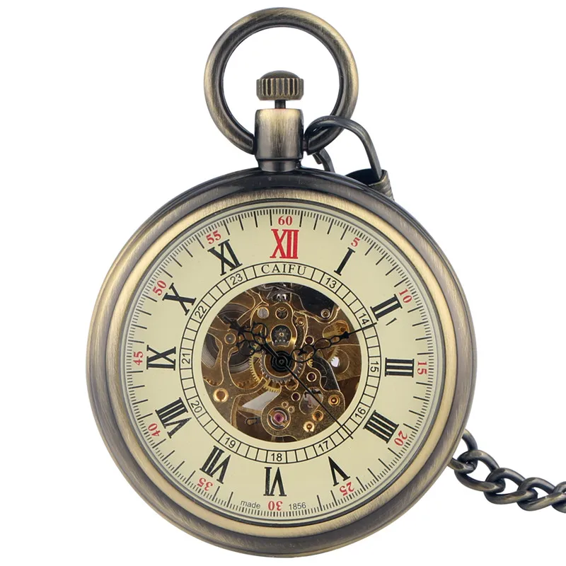 Vintage automatische Selbst aufzug mechanische Taschenuhr offenes Gesicht römische Ziffern leuchtende Zeiger Skelett Uhr Anhänger Kette Geschenk