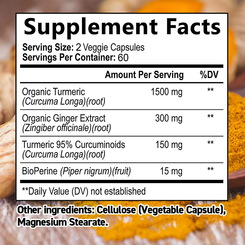 

Strongly Formulated Turmeric Ginger Supplement, 95% Curcuminoids, To Support Digestive, Immune, and Joint Health