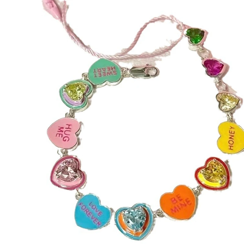 Cute Romantic Colorful Heart Charm Bracelet for Women Summer Sweet Shiny Rhinestone Bangle 2024 New Dopamine Jewelry Accessories