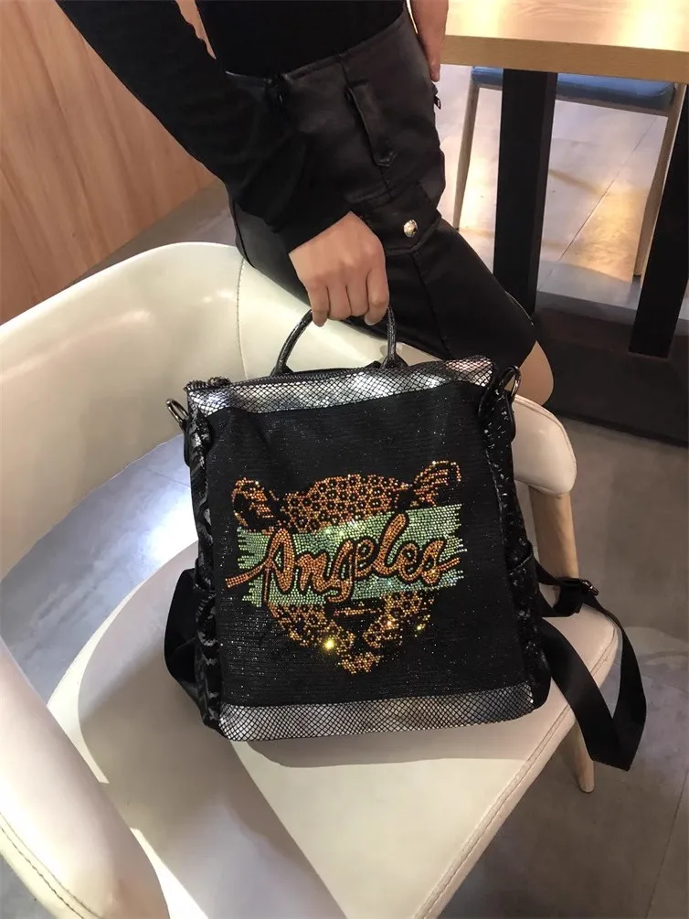 High Quality Large Capacity Fashion Backpack Glitter Diamond Women's Handbag Shoulder Messenger Bag Lady Purse Female Travel Bag