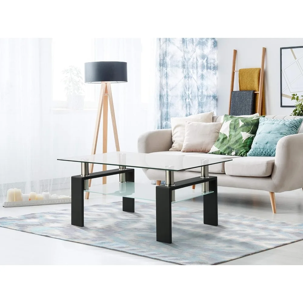 

Rectangle Glass Coffee Table-Modern Side Coffee Table with Lower Shelf Black Metal Legs-Suit for Living Room