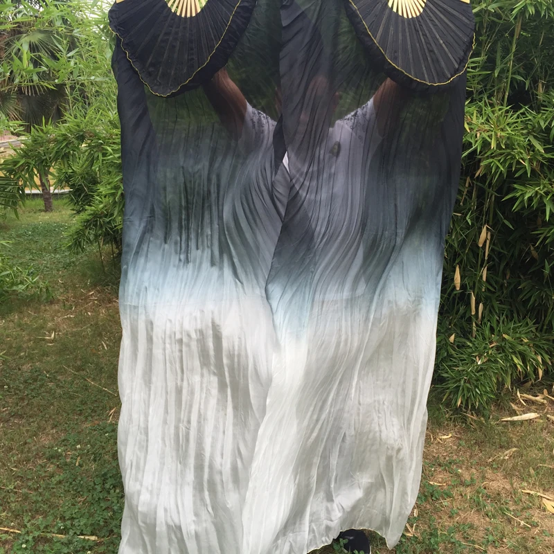 حار بيع أسود/أبيض مختلط الرقص الشرقي 100% الحرير الحقيقي مروحة الحجاب مصبوغ اللون طويل الرقص المشجعين 180 سنتيمتر طول #4