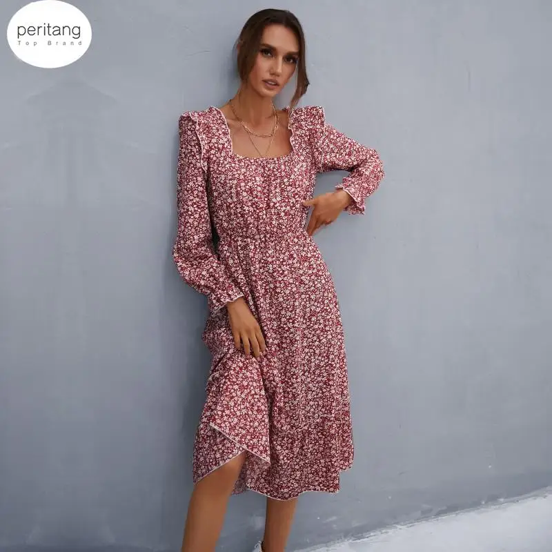 

PERITANG Spring Women Clothing Long Sleeve Floral Print Square Neck Dress Vestido Feminino Dresses For Women 2024 Autumn Winter