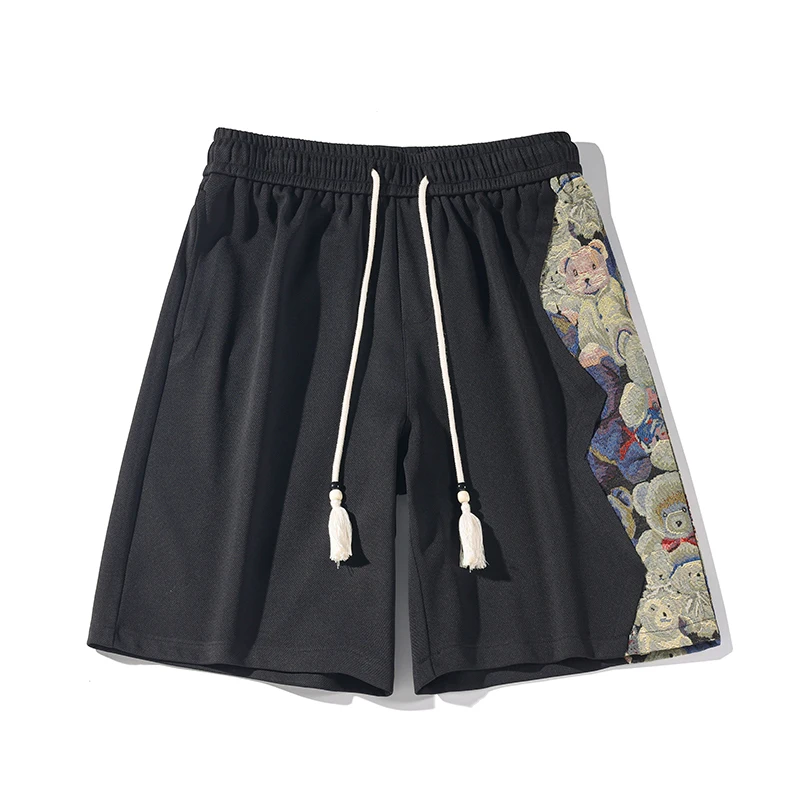 Short décontracté à motif d\'ours vintage pour hommes, conception de broderie, pantalon de survêtement de basket-ball, proximité de la rue coréenne,