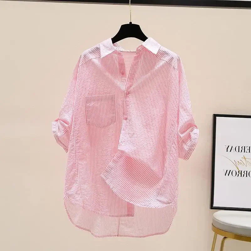 Pink Striped Cotton Women's Shirt 2024 Spring Summer New Style Artistic Fresh Batwing Sleeve Single Pocket Top