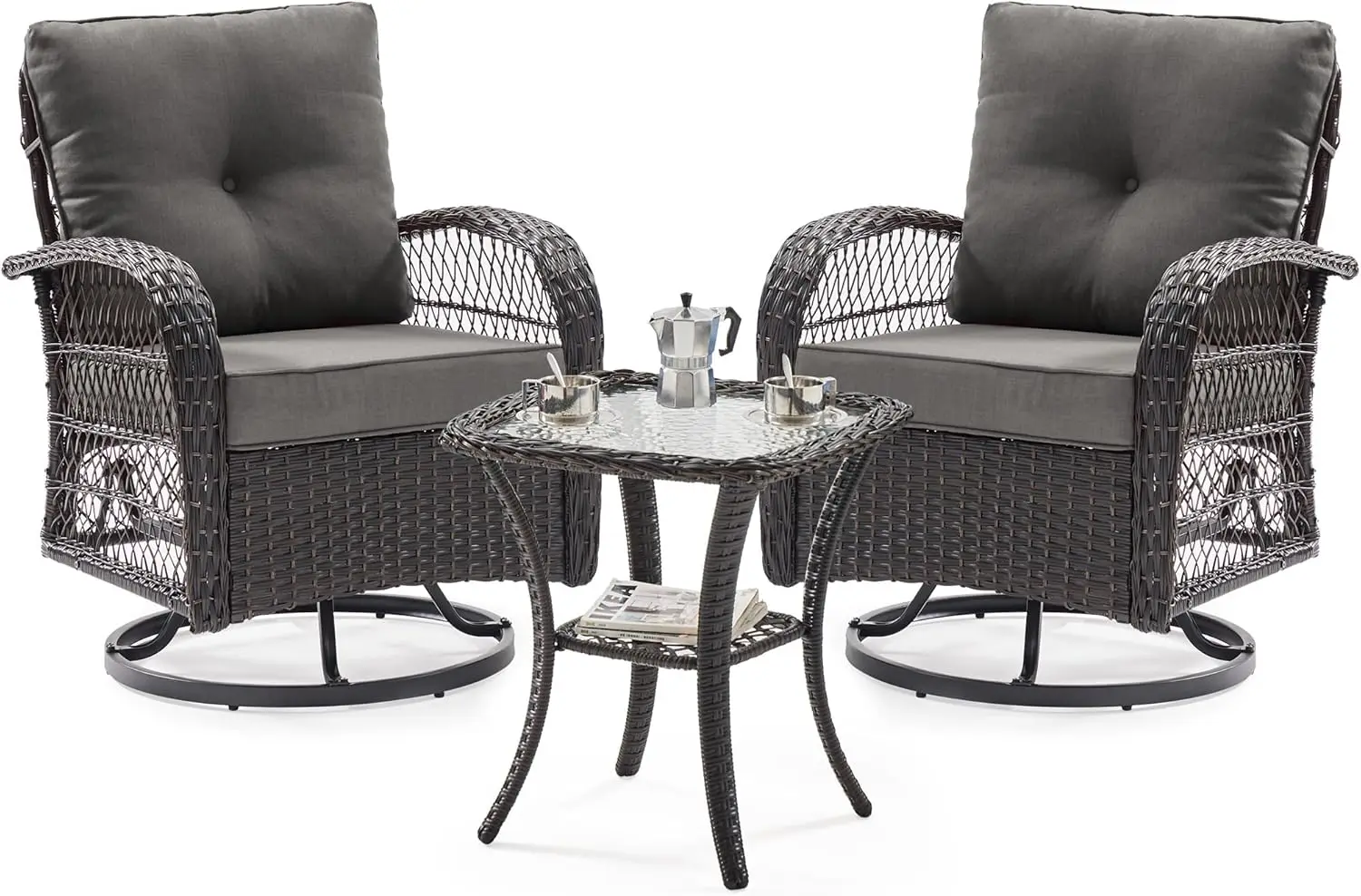 

3 Pieces Patio Furniture Set, Outdoor Swivel Gliders Rocker, Wicker Patio Bistro Set , Glass Top Side Table.