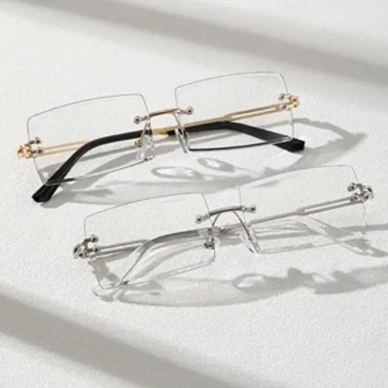 2 Pack Men's Metal Rimless Yuppie Casual Fashion Glasses With Flat Lens, Ideal Choice For Gifts