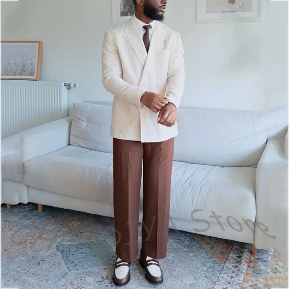 

Fashion Peak Lapel Men's Suit Contrast Color Double Breasted Gentleman Elegant Casual Party Event Male Clothes Two Pieces