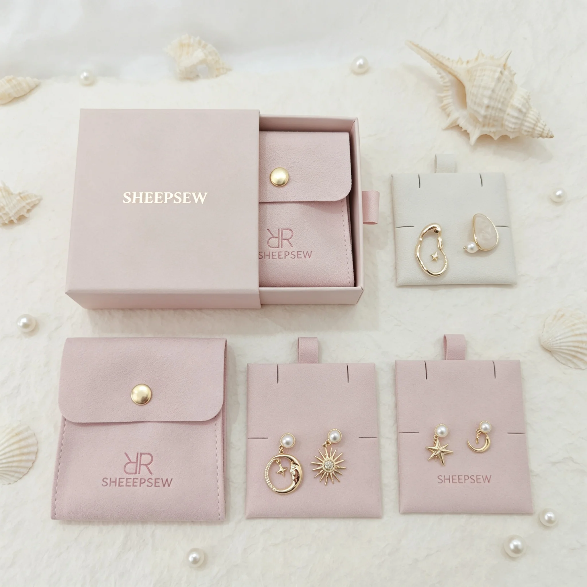 SheepSew Luxury Jewelry Packaging Set Custom Hot Stamped Logo Drawer Cardboard Box With Suede Microfiber Pouch Bag For Ring Neck