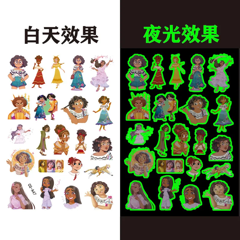 Luminous Encanto Tattoo Stickers para crianças, anime dos desenhos animados, tatuagens temporárias, arte corporal, festa cosplay, brinquedos presentes para crianças, 1pc