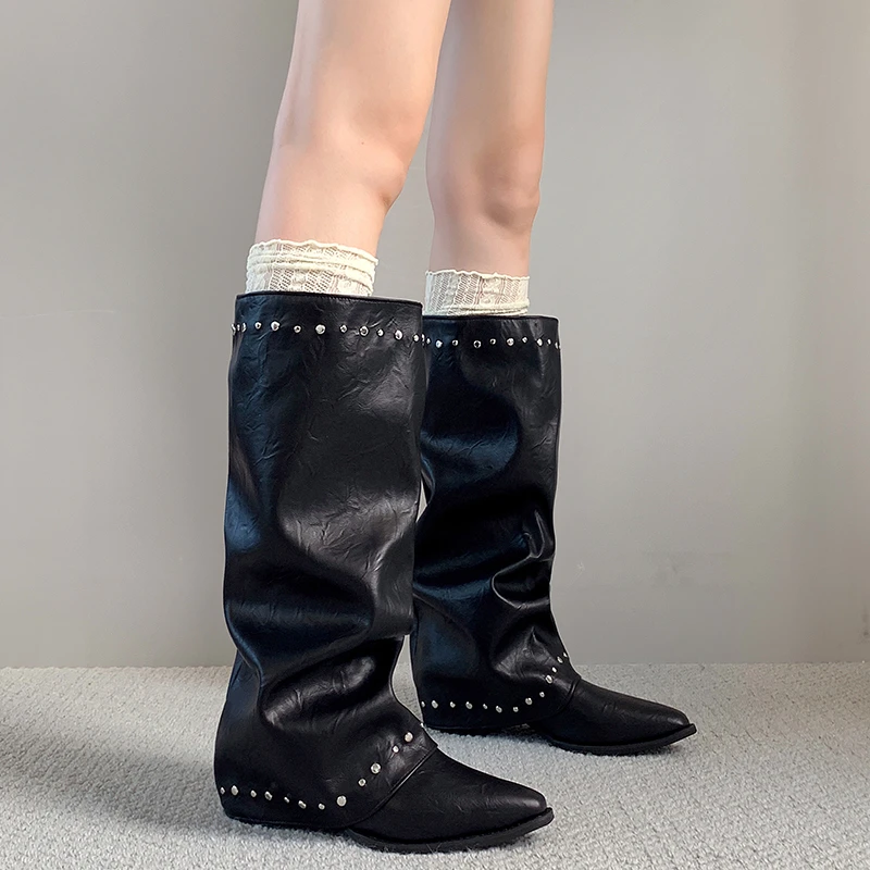Pointed Toe Rivet Wide Calf Long Boots Women Ruched Slip On Block Heel Vintage Western Knee High Boots Ladies Fashion Footwear