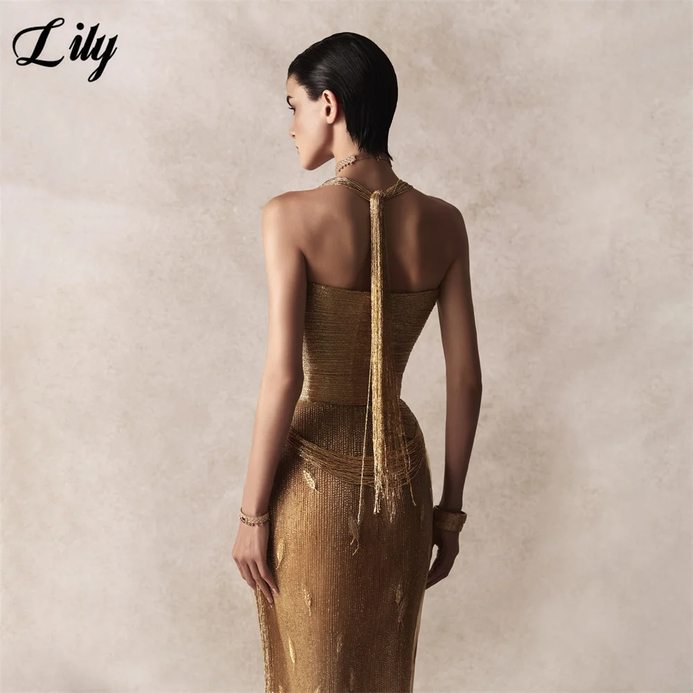 Lily Gold Formal Gown Square Neck Halter Prom Dresses with Draped Chain Beaded Evening Dress Mermaid Modern Style Customized