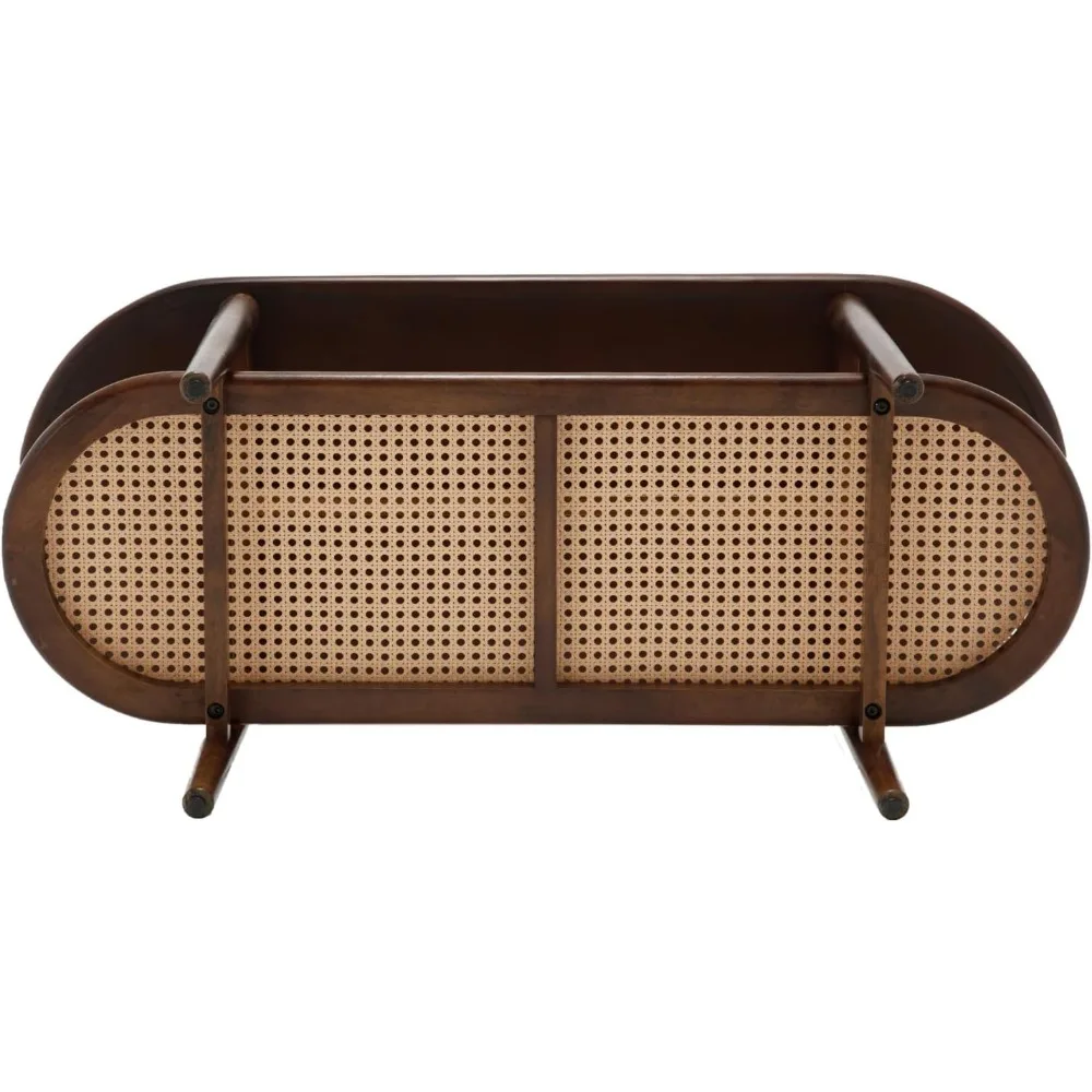 Walnut Rattan Coffee Table, 39.5" Oval Center Table with Storage Shelf, Modern 2-Tier Wood Side Table for Bedroom Small Space