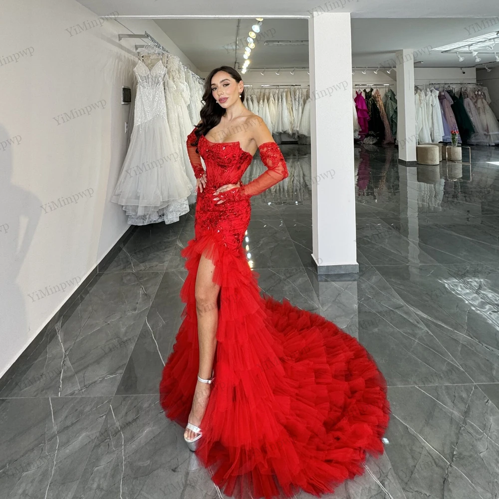 فساتين لحضور الحفلات الموسيقية مزينة باللون الأحمر 2026 بدون حمالات وأكمام قابلة للانفصال حورية البحر سبليت سويب تراين فيستدوس أنيقة de noche مخصصة #1