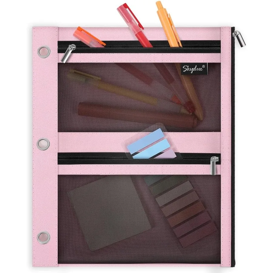 

3 Ring Peil Pouch for Binder Zipper Binder Peil Pouch with 3 Pockets and Mesh Window Durable Organizer for School Supplies Cabl