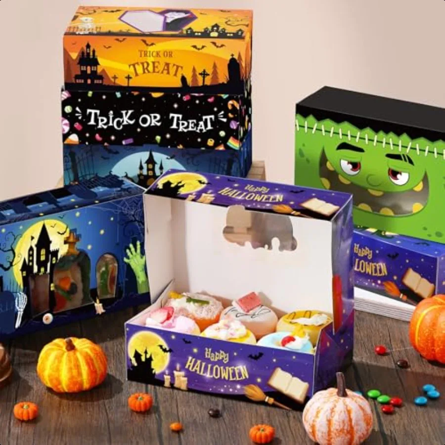 36 Pcs Halloween  Boxes with Window 8.7 x 5.5 x 2.8 Inch Halloween Treat Boxes Bulk Cupcake Candy Dert Containers for Bakery Pa