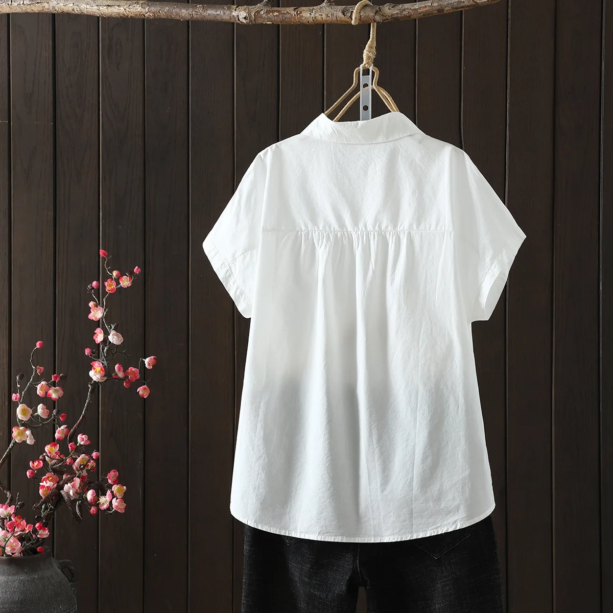 Nueva camisa de manga corta de algodón de verano 2025, lazo con cuello vuelto para mujer, blusa holgada informal sencilla y dulce para chica Mori T54620CC