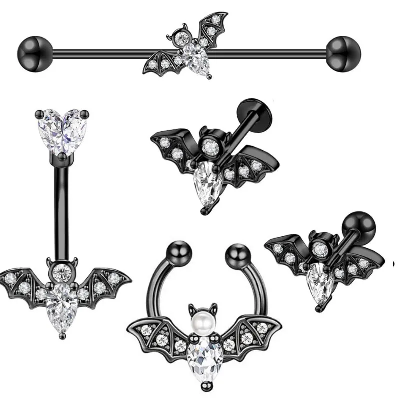 العصرية الخفافيش مسمار طقم أقراط خواتم السرة الزركون الحديد إندسترا الثقب أقراط الشفاه المسامير وهمية الأنف ثقب المجوهرات #2